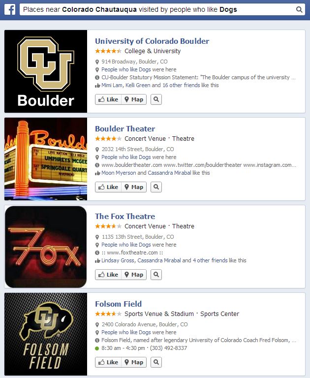 Facebook Graph Search-Places near Colorado Chautauqua visited by people who like Dogs